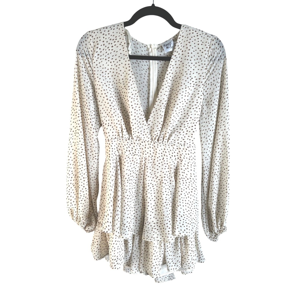 Princess Polly Cream Brown Polka Dot Summer Casual Ruffle V-Neck Romper Size 6 - Picture 2 of 7